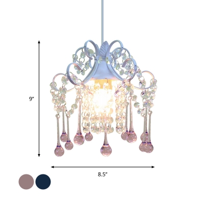 1 Bulb Swirl Arm Small Pendant Light Retro Stylish Blue/Pink Crystal Drip Hanging Lamp
