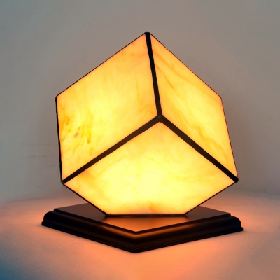 1 Head Bedroom Nightstand Lamp Tiffany Yellow Plug In Cord Night Light with Cubic Beige Glass Shade
