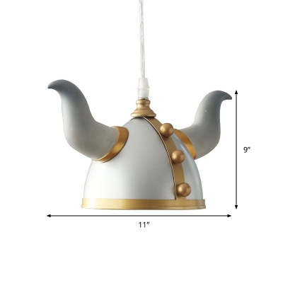 1-Light Bedroom Pendant Lamp Kids Grey and Gold Hanging Light with Viking Warrior Hat Metal Shade