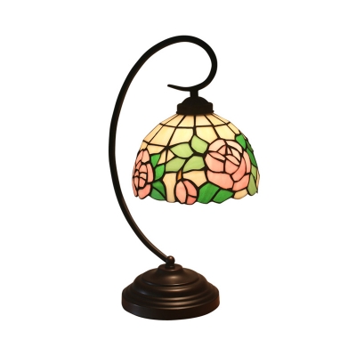 1-Light Bedside Night Table Lighting Baroque Red/Pink/Orange Petal Patterned Nightstand Lamp with Dome Stained Glass Shade