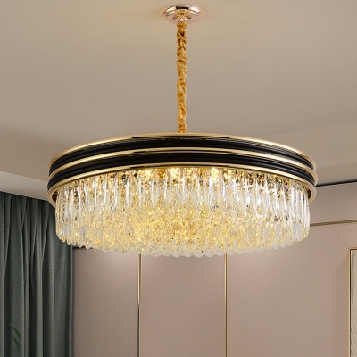 11-Light Drum Drop Pendant Simple Black and Gold Prismatic Crystal Chandelier for Dining Room