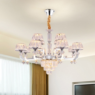12-Light LED Chandelier Modern Parlor Ceiling Pendant with Cone Cut Crystal Shade in Chrome