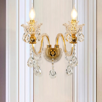 2-Head Candle Wall Mount Lighting Antique Gold Crystal Sconce Lamp with Undulated Arm