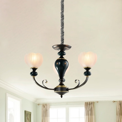 3/5-Bulb Ceiling Chandelier Country Floral Clear Ribbed Glass Drop Pendant in Black with Swooping Arm