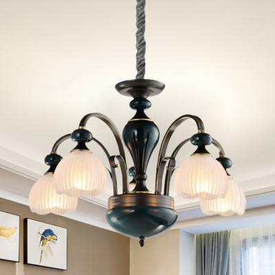 3/5-Bulb Ceiling Chandelier Country Floral Clear Ribbed Glass Drop Pendant in Black with Swooping Arm