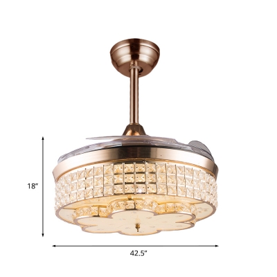 3-Blade Drum Bedroom Pendant Fan Light Clear Crystal Glass LED Contemporary Semi Flush in Gold, 42.5