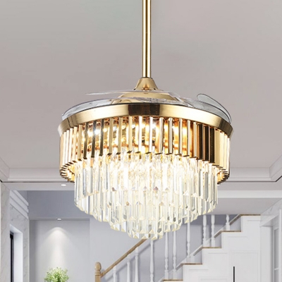 3 Blades Modernist Tiered Semi Flush Light Rectangular-Cut Crystal Living Room LED Pendant Fan Lamp, 19
