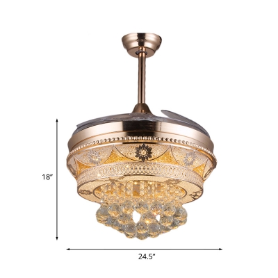 3 Clear Blades Ceiling Fan Light Contemporary Crystal Orbs LED Gold Semi Flush Lamp, 42.5