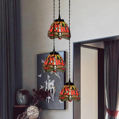 3-Light Multi Pendant Tiffany Dragonfly/Grapes/Rose Stained Glass Down Lighting over Dining Table, White/Red/Yellow