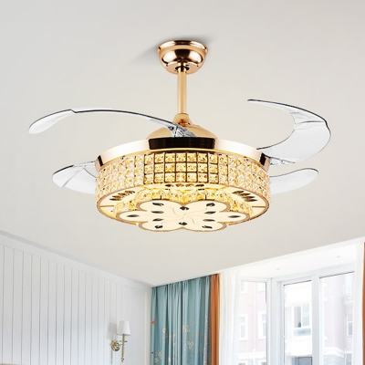 4 Blades Round Bedroom Ceiling Fan Light Crystal Block LED Modernist Semi Flush Mount in Gold, 42