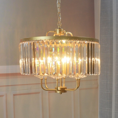 6-Bulb Crystal Rectangle Chandelier Postmodern Gold Finish Drum Bedroom Ceiling Suspension Light