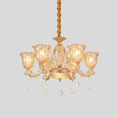 6-Bulb Scalloped Bell Up Chandelier Traditional Gold Crystal Pendant Lighting over Table