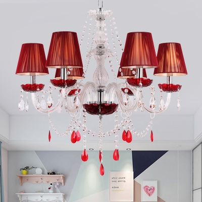 6-Head Pleated Fabric Hanging Pendant Modern Red Conical Restaurant Chandelier with Beaded Crystal