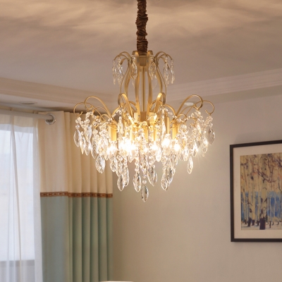7-Light Ceiling Chandelier Antique Rain Beveled Crystal Pendant Lighting Fixture in Gold