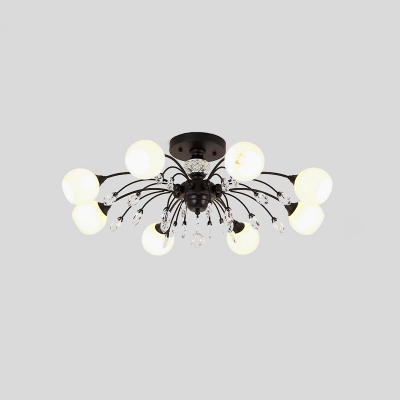 8 Bulbs Bedroom Semi Flushmount Modernism Black Finish Crystal Flush Mount with Ball Opal Glass Shade