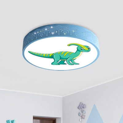 Acrylic Drum Ceiling Flush Cartoon Red/Blue/Green LED Flush Light Fixture with Dinosaur Pattern for Nursery