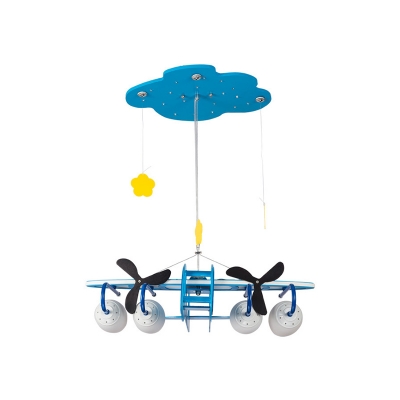 Airplane Metal Chandelier Light Fixture Cartoon 4 Bulbs Blue Pendant with Frosted Glass Shade