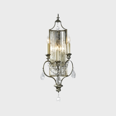 Antiqued Silver Candlestick Wall Lamp Countryside Iron 1/3-Light Living Room Sconce with Crystal Backplate