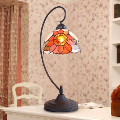 Black Curved Arm Table Light Tiffany Style 1 Light Stained Art Glass Sunflower Patterned Night Lamp with Bowl Shade