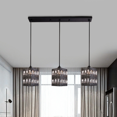 Black Rectangle Multi Pendant Light Simplicity 3 Bulbs Crystal Encrusted Down Lighting with Linear Canopy