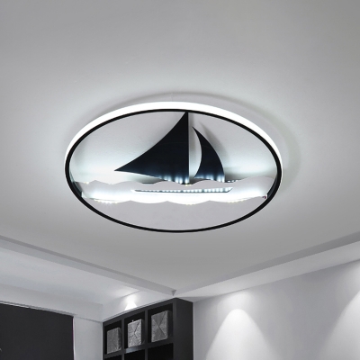 Black Sailboat Ceiling Lamp Mediterranean LED Iron Flush Mount Light Fixture for Bedroom