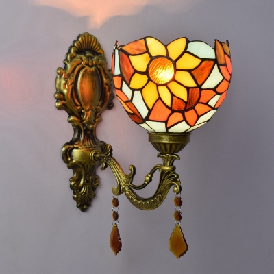 Brass 1-Head Wall Sconce Lighting Tiffany Hand-Crafted Glass Sunflower Wall Mounted Light Fixture
