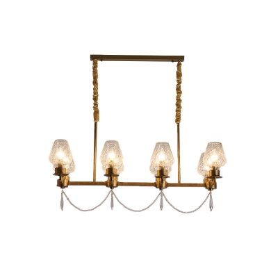 Brass 8-Head Island Light Antique Linear Crackle Cone Glass Hanging Lamp with Crystal Strand
