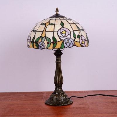 Bronze 1 Bulb Reading Light Tiffany Stained Art Glass Domed Shaped Floral Patterned Desk Lighting for Bedroom