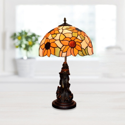 Bronze 1-Head Sunflower Night Table Light Mediterranean Stained Art Glass Domed Desk Lamp with Godness Design