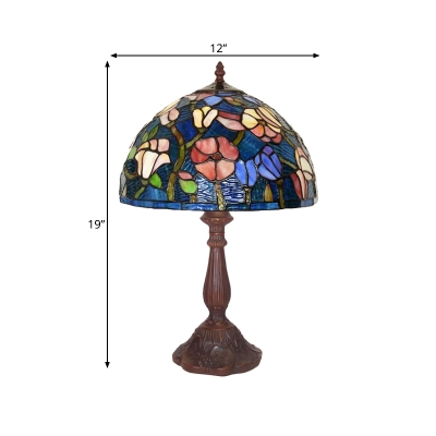 Bronze Bowl Shade Table Light Mediterranean 1-Head Stained Art Glass Flower Patterned Nightstand Lamp