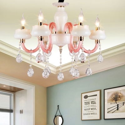 Clear Crystal Candlestick Chandelier Traditional 6 Bulbs Bedroom Pendant in White and Pink