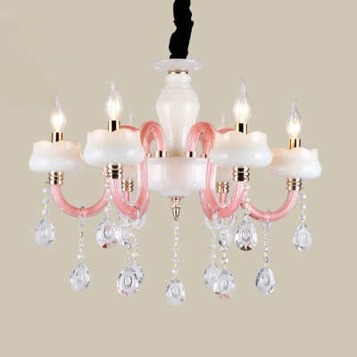 Clear Crystal Candlestick Chandelier Traditional 6 Bulbs Bedroom Pendant in White and Pink