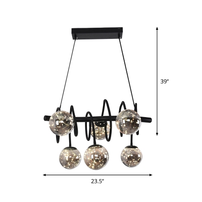 Coiled Dining Room Island Pendant Light Iron 6 Bulbs Modern Hanging Lamp in Black with Ball Smoke Glass Shade