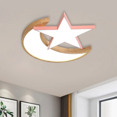 Color-Block Moon and Star Flush Light Nordic Acrylic Kids Bedroom LED Ceiling Mounted Lamp in Grey/Pink/Green and Wood