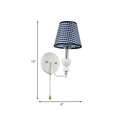 Cone Bedside Wall Lighting Ideas Checkered Fabric 1 Bulb Modernist Wall Light with Pull Chain in Blue