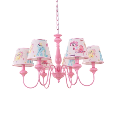 Cone Shade Print Fabric Chandelier Cartoon 5/6 Lights Pink Pendant Light Fixture for Girl's Bedroom