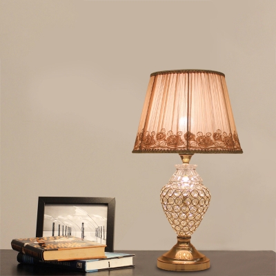 Conical Fabric Table Light Vintage 1-Bulb Bedroom Night Lamp in Gold with Urn Crystal Base