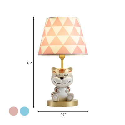Conical Table Light Cartoon Fabric 1 Bulb Bedroom Nightstand Lamp in Pink/Blue with Resin Tiger Decor