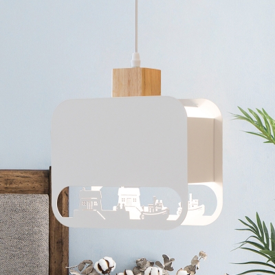 Creative Square Iron Pendant 1-Light Hanging Lamp in White with Wood Cap and Sculpture Design