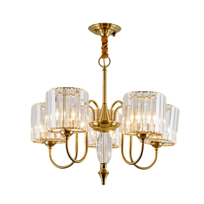 Cup Shade Dining Hall Up Chandelier Postmodern Ribbed Crystal 5-Light Gold Hanging Light Fixture