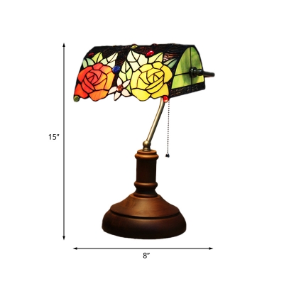 Dark Brown 1 Head Bankers Table Lamp Tiffany Stained Art Glass Rose Pattern Night Stand Light