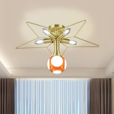 Disco Ball Shape Ceiling Flush Creative Metal 6 Heads Brass-White/Red Semi Flush Light Fixture with Wire Star Top