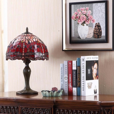 Domed Night Lighting 1 Light Stained Art Glass Victorian Dragonfly Patterned Table Lamp in Dark Brown