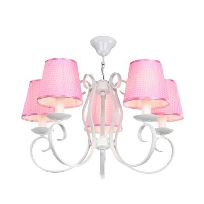 Dotted Fabric Conical Chandelier Macaron 5 Bulbs Pink Hanging Pendant Light with Swirl Arm