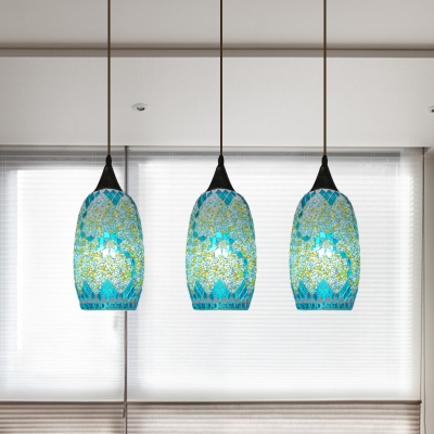 Elliptical Multi-Light Pendant 3-Light Blue Stained Glass Tiffany Drop Lamp with Linear Canopy