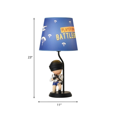 Fabric Barrel Nightstand Light Kids 1 Light Blue Night Table Lamp with Soldier Decor