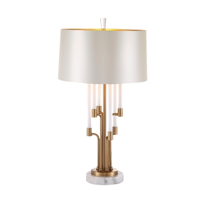 Fabric Drum Night Light Postmodern LED Bedroom Table Lamp in Gold with Crystal Accent and Marble Base