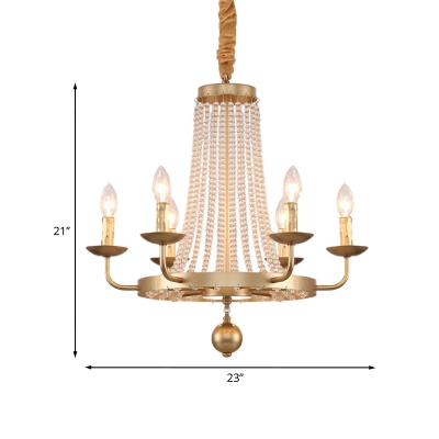 Flared Crystal Beading Suspension Lamp Antique 6 Bulbs Living Room Chandelier with Bare Bulb Design in Gold