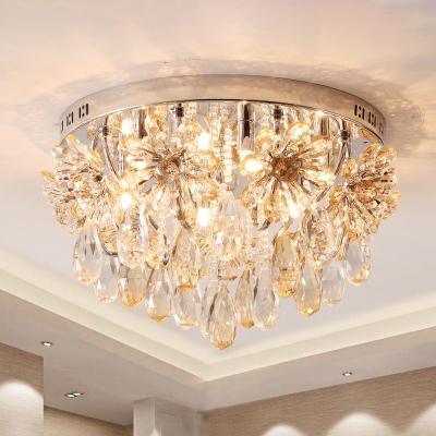 Flower Crystal Chrome Flush Light Fixture Tapered 6 Lights Modernist Flush Mount Ceiling Lamp