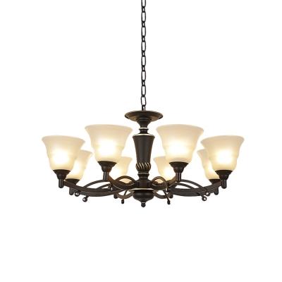 Frosted Glass Bell Chandelier Countryside 6/8-Light Living Room Ceiling Pendant in Black with Twisted Arm